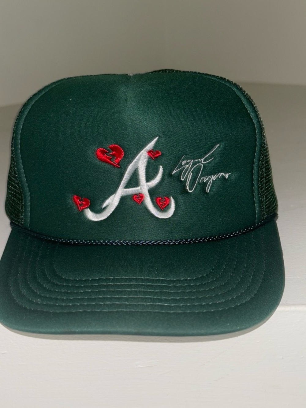 Embroidered Dark Green Trucker Hat with Red Heart Accents